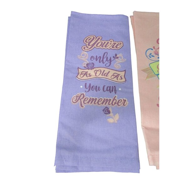 Witty Senior Birthday Aging Gracefully Tea Towels Set Pink Purple Cotton NWOT - Picture 6 of 13